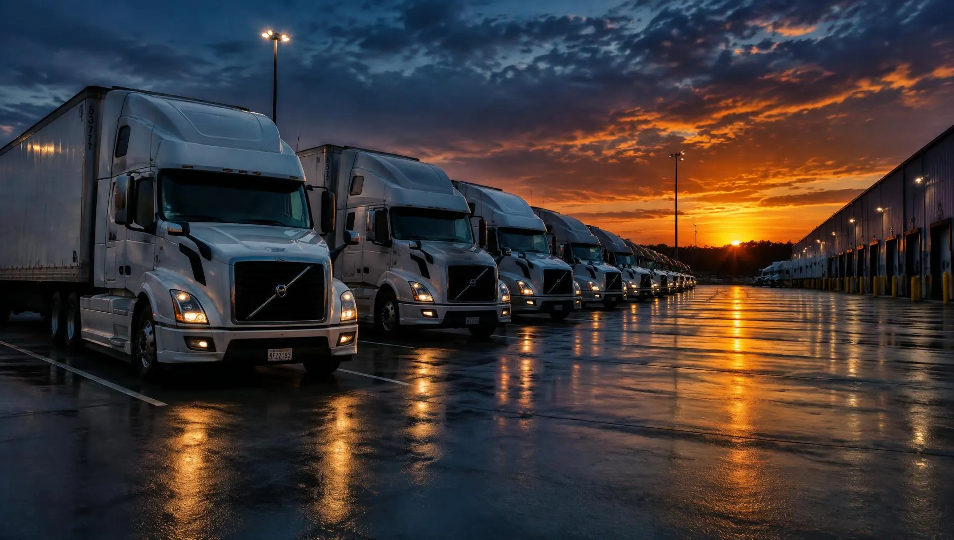 Semi trucks parked in a truck yard at sunset